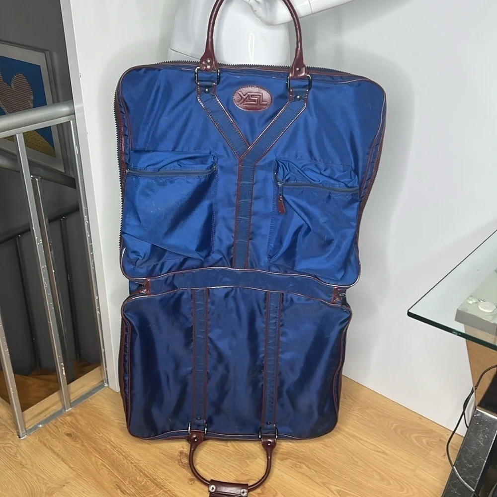 YSL Yves Saint Laurent 1970’s Blue Nylon Logo Folding Zip Around Garment Bag